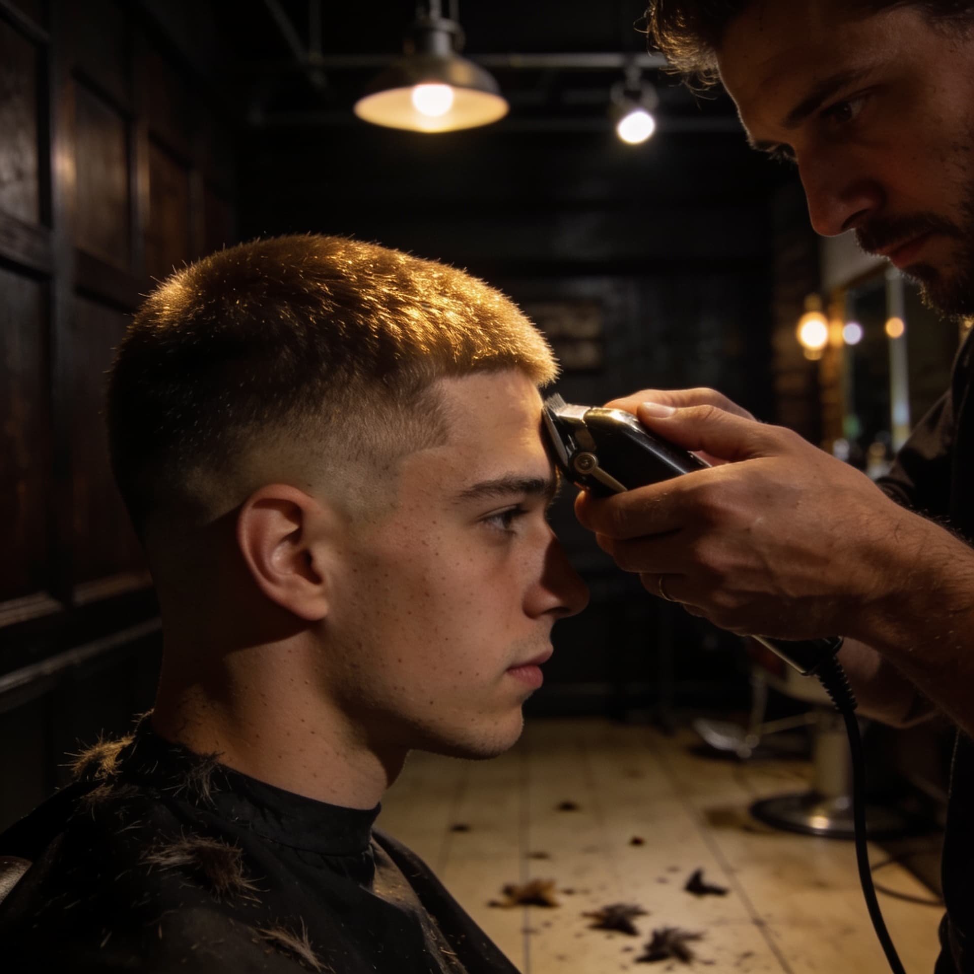 Degradado con máquina en una barbería moderna