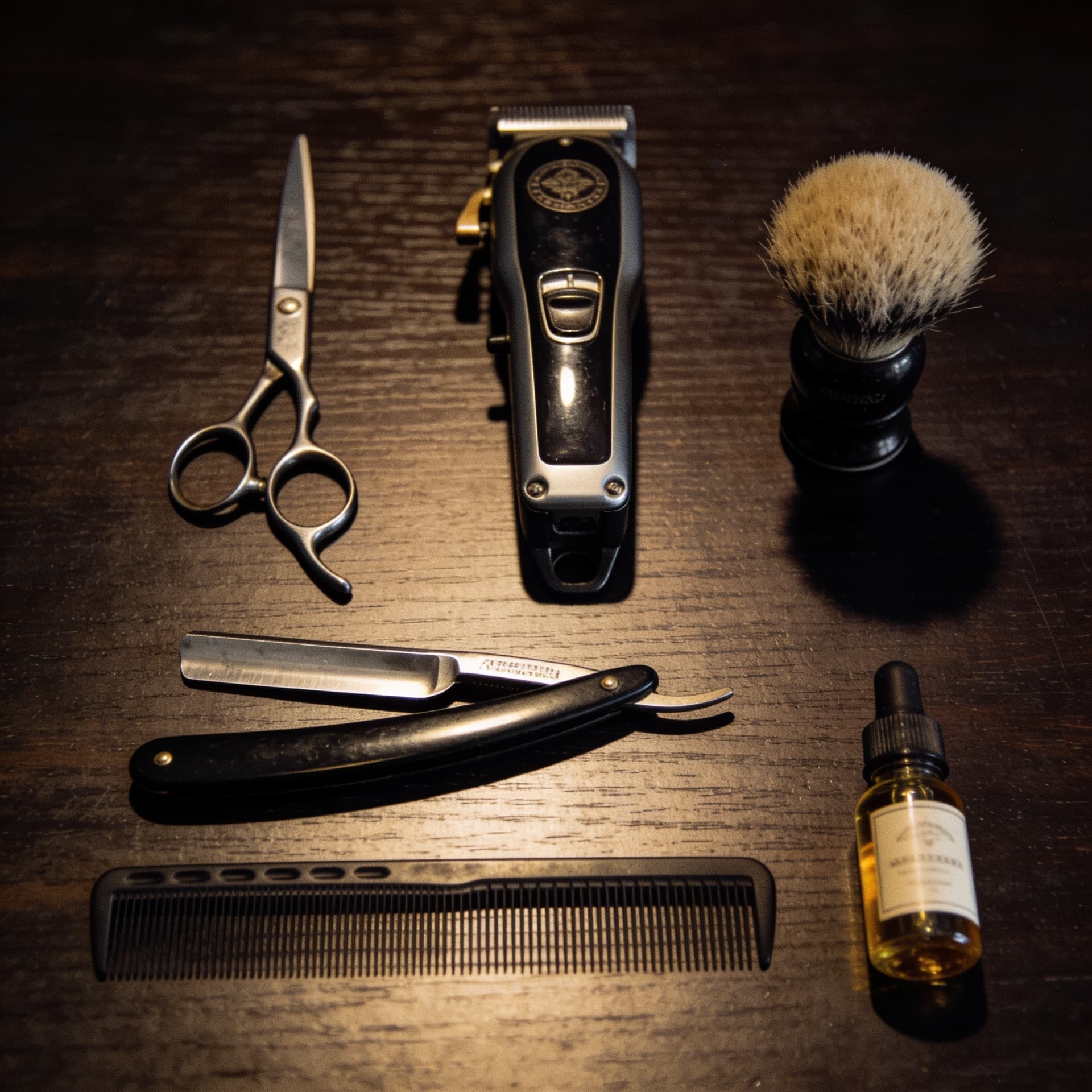 Herramientas de barbería sobre madera